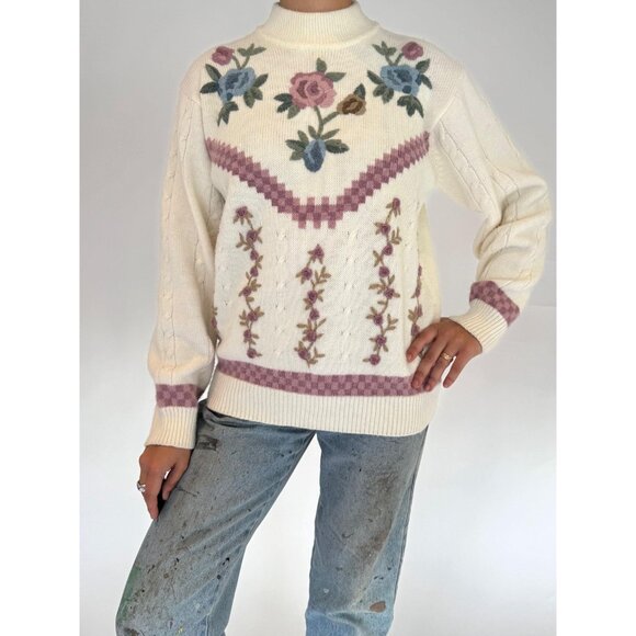 80s vintage cream floral embroidered grandma mock neck cable knit sweater - Picture 2 of 7